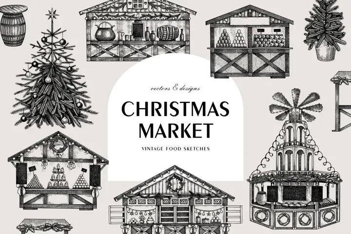 Vector Christmas Market Sketches. Hand-drawn Street Food Illustrations. 